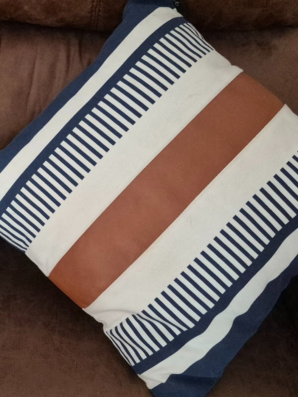 Set of 2 - Modern Navy & Faux Leather Accent Pillows - With Inserts